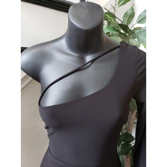 J. Our Knee Length Bodycon Dress Women Medium Black Solid Sexy One Shoulder Off - Picture 6 of 10